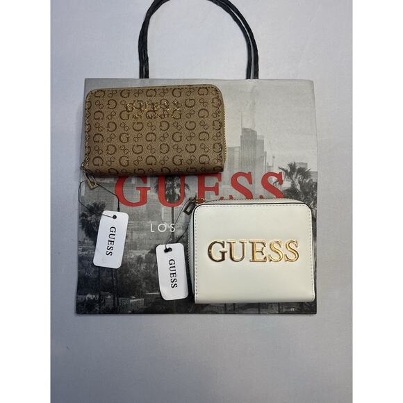 Set Of 2 Brand New Guess Wallets With Tags. White With Gold Logo, Brown W/Gold - Picture 1 of 6